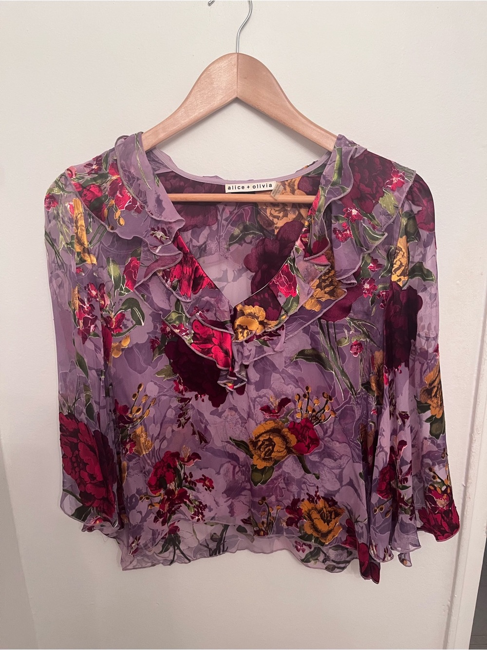 alice + olivia Lavender Floral Ruffled V-Neck Blouse